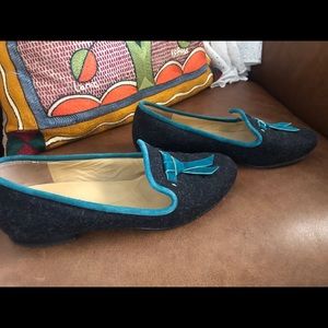 COLE HAAN Grey Wool Turquoise Velvet Bow Loafers